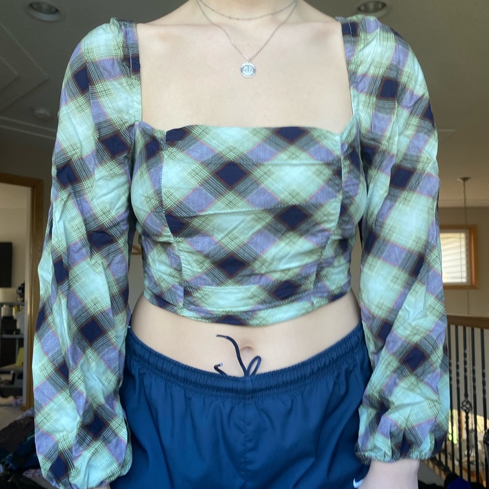 green and purple checkered pirate style blouse